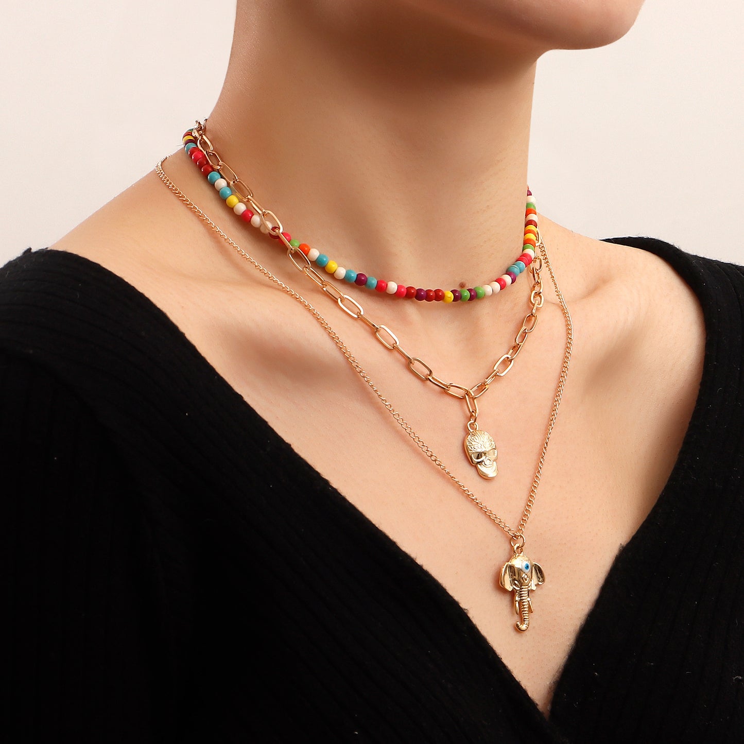 Bohemian Style Elephant Nose Pendant Necklace for Women with Geometric Shape Alloy Chain and Plated Finish