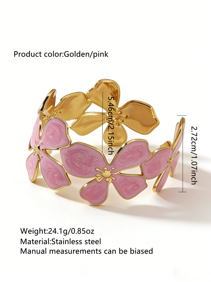 Elegante Pulsera Abierta de Lujo Floral con Esmalte de Aceite de Acero Inoxidable y Titanio con Cereza