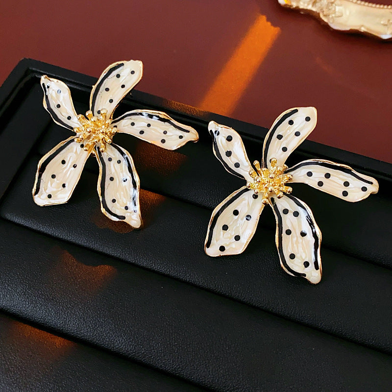 Vintage Floral Polka Dot Enamel Dangle Earrings in Alloy with Stainless Steel Posts for Women