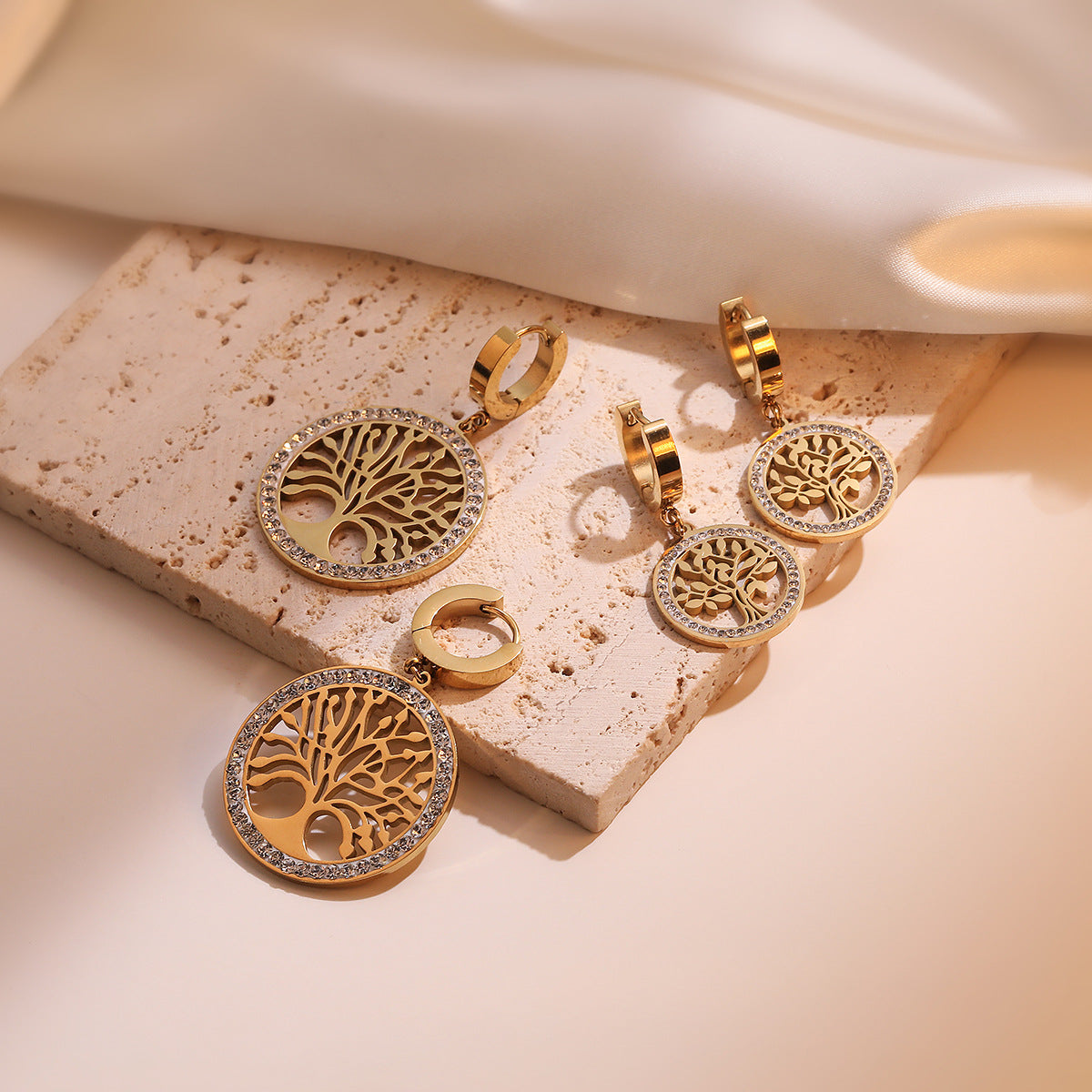 Minimalist Geometric Tree-Shaped Titanium Steel Earrings with Gold Plating and Zircon Inlay for Women