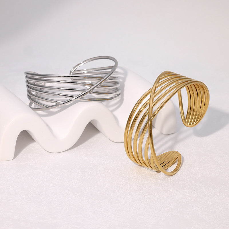 Minimalist Geometric Crossed Line Stainless Steel Open Bangle Bracelet for Women with Plating Finish