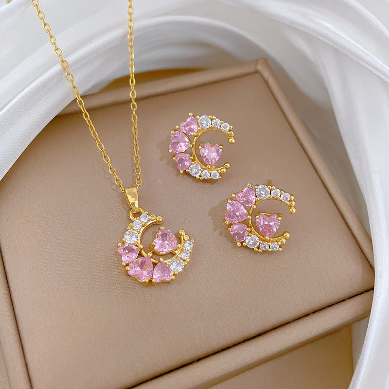 Sweet Moon Heart Diamond Cubic Zirconia Plated Titanium Steel Necklace and Earring Set with Cable Chain