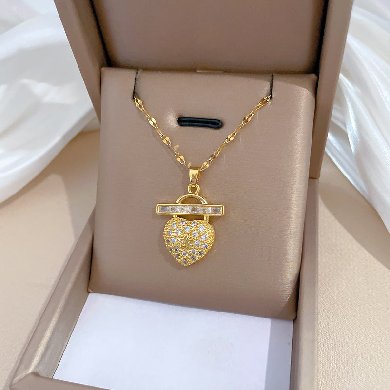 Collana Minimalista a Cuore in Acciaio al Titanio con Intarsi di Strass per Donna e Uomo, Delicata Catena per Clavicola