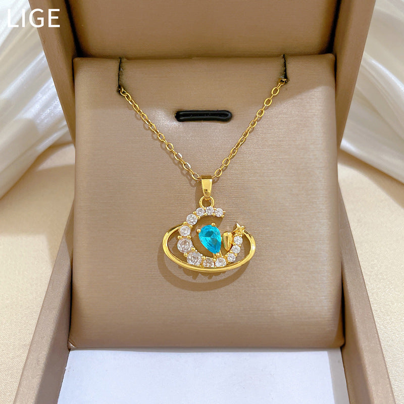 Sweet Minimalist Moon Geometric Cubic Zirconia Titanium Steel Necklace for Unisex