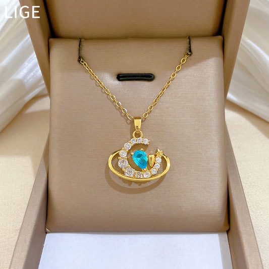 Sweet Minimalist Moon Geometric Cubic Zirconia Titanium Steel Necklace for Unisex