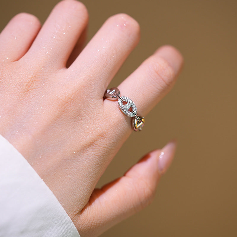 Luxury Geometric Pig Nose Full Rhinestone Adjustable Finger Ring for Women with Gold Plated Copper Band
