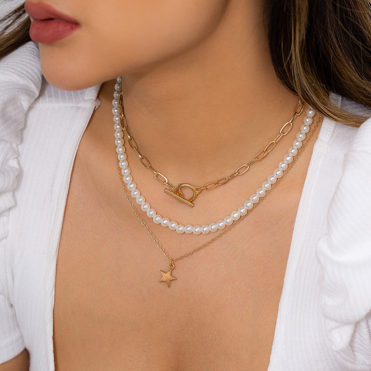 Sweet Plated Alloy Heart Star Round Faux Pearl Pendant Snake Chain Necklace for Women