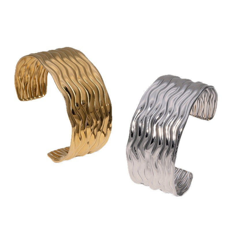 Minimalist 18K Gold Plated Stainless Steel Wavy Surface Open Cuff Bracelet