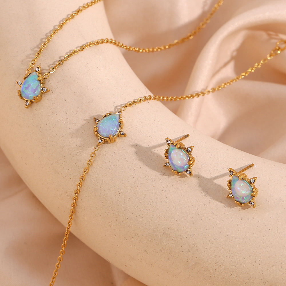 Fashionable Vintage-Style Geometric Drop-Shaped Opal Pendant Necklace with Gold-Plated Stainless Steel Chain for Women