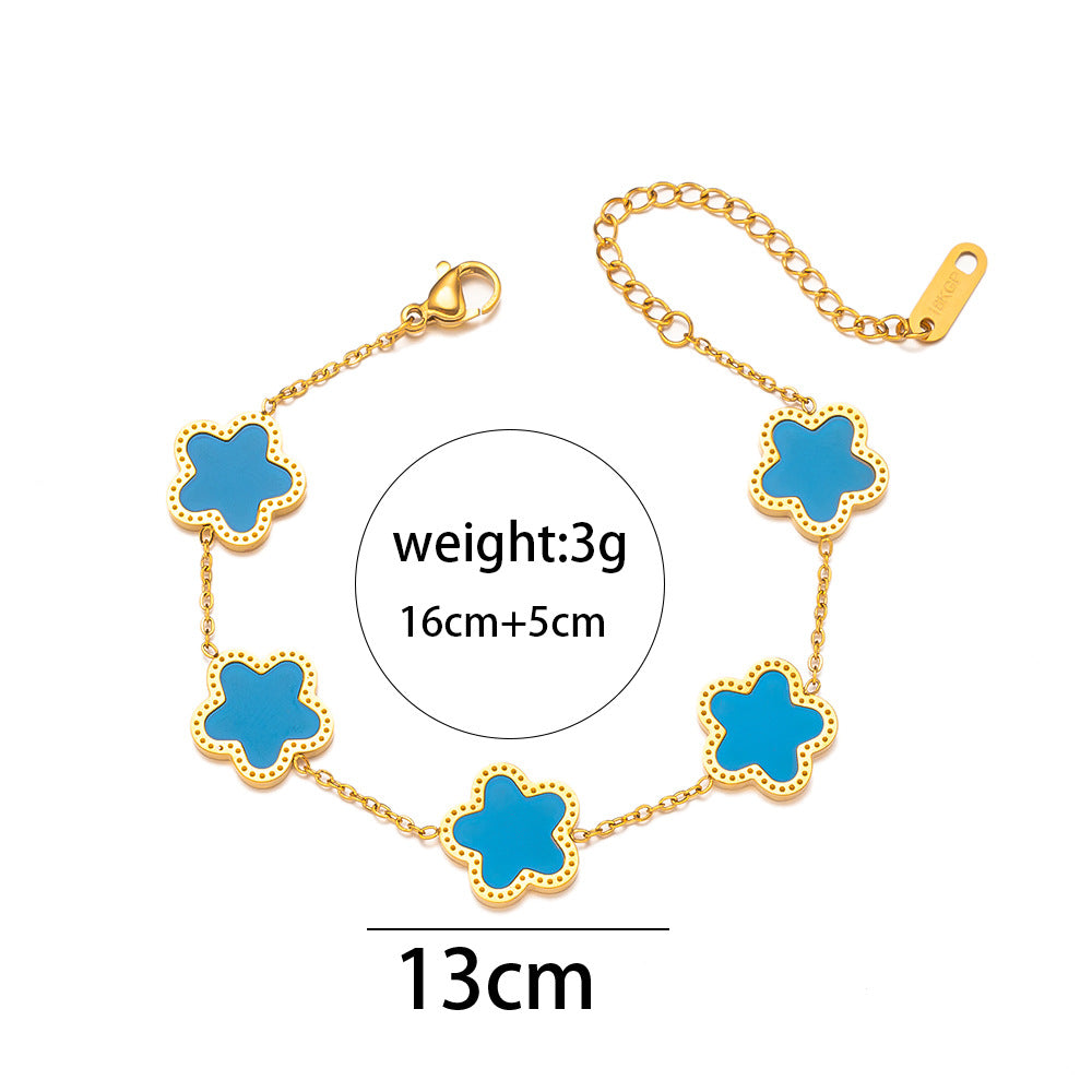 Elegante pulsera de acero inoxidable con flor de cinco pétalos y chapado en oro de 18 quilates para mujer, accesorio de lujo con diseño floral minimalista