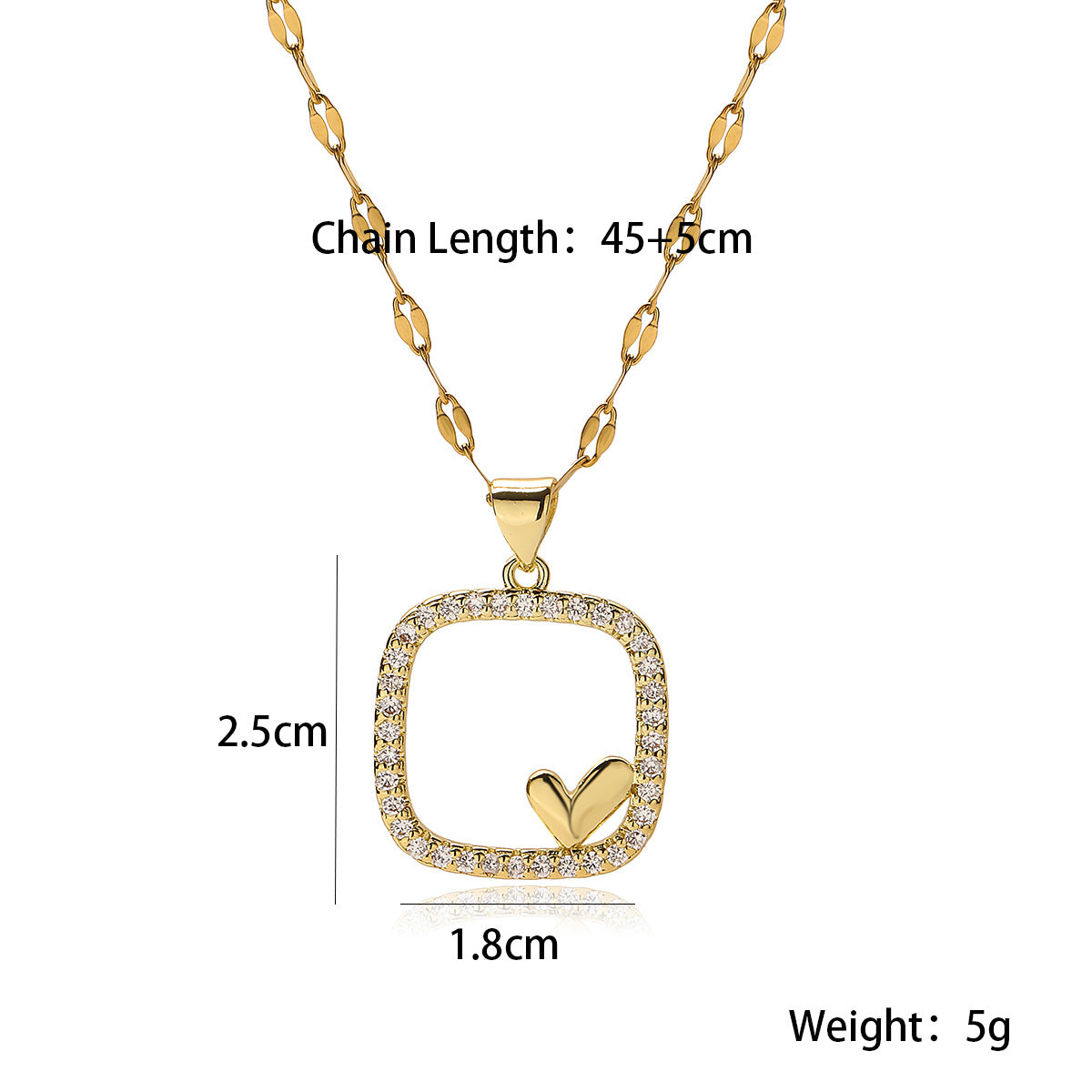 Minimalist Geometric Heart Pendant Necklace for Women in Copper with 18K Gold Plating and Zircon Inlay