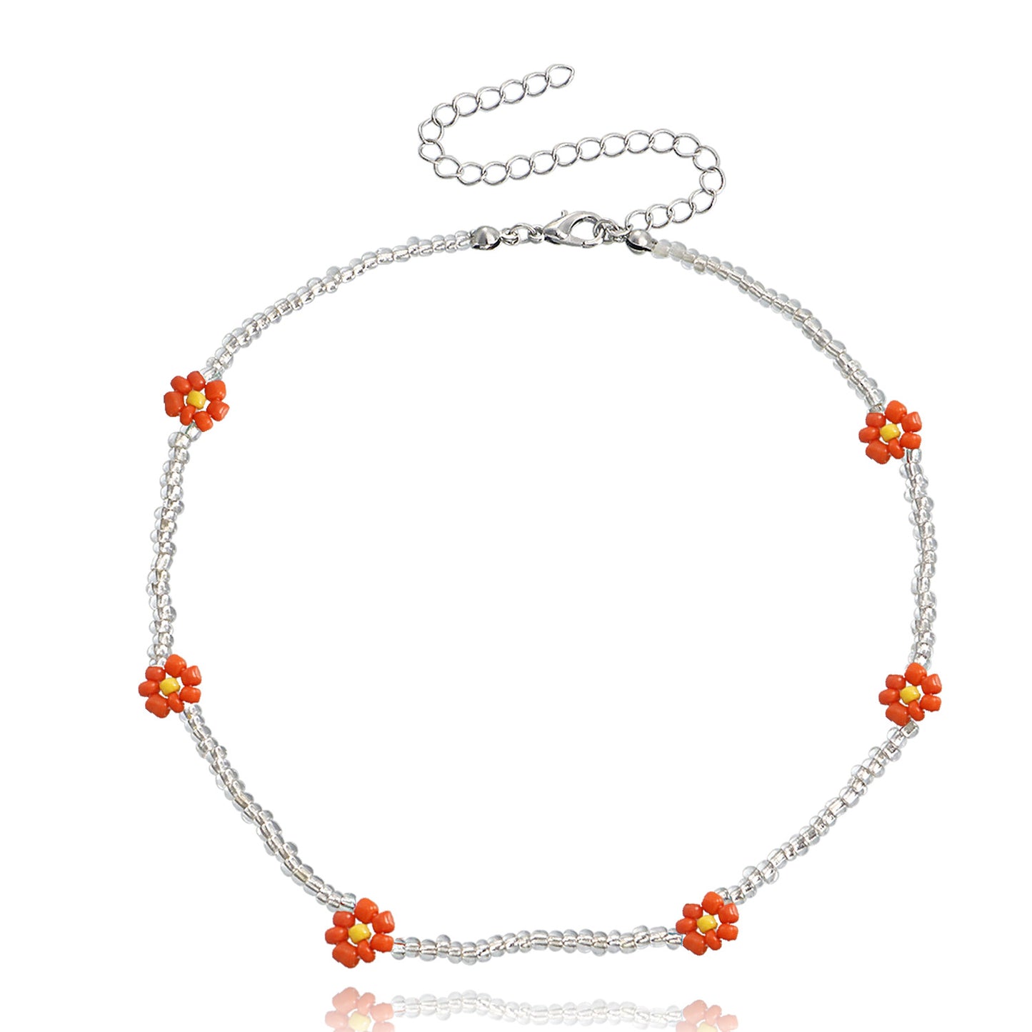 Bohemian Style Daisy Flower Pendant Necklace with Clear White Rice Beads and Geometric Accents in Alloy with Plated Finish for Women