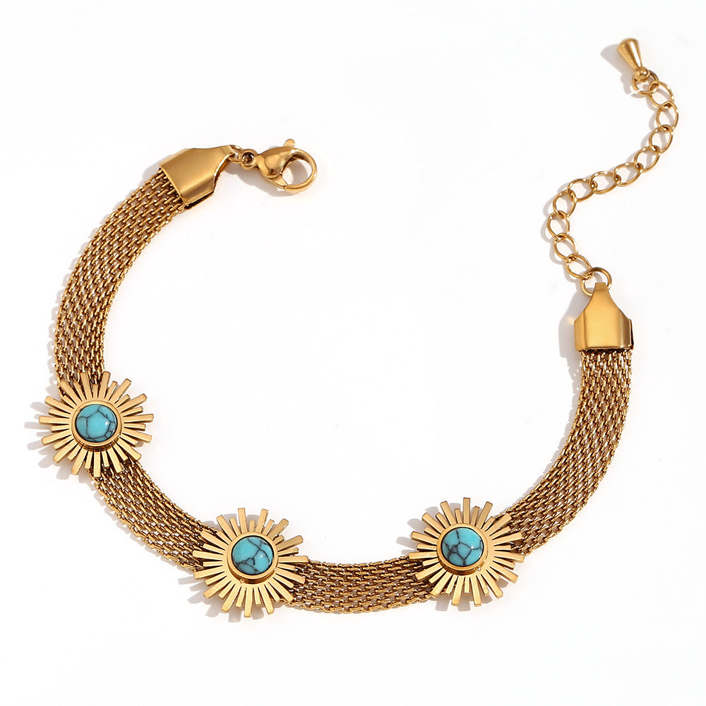 Bracciale da donna in acciaio inossidabile placcato oro 18 carati con occhio di Allah, design geometrico vintage e intarsi in pietra naturale