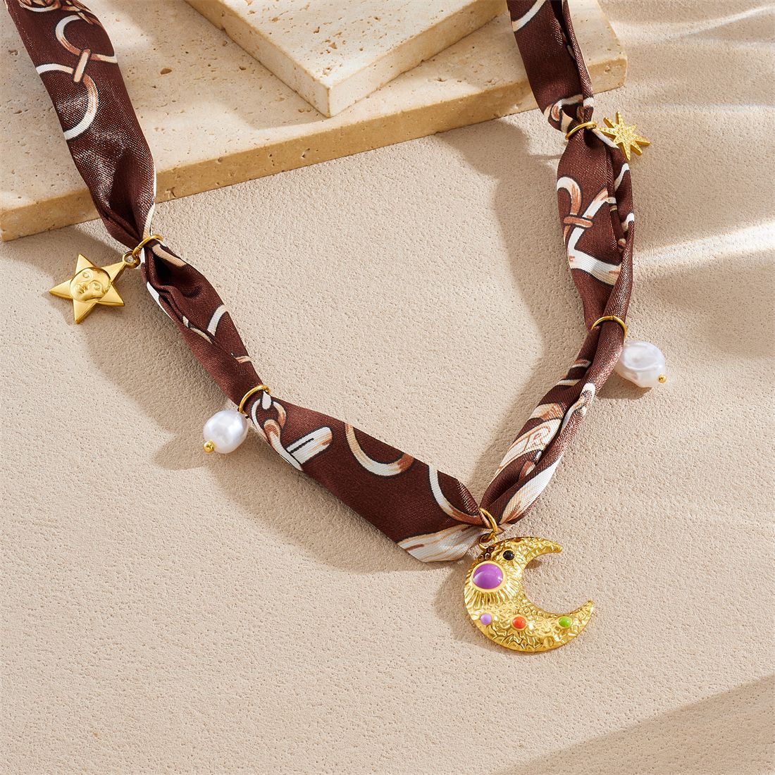 Elegant Gold Plated Stainless Steel Heart Moon Star Necklace with Colorful Floral Print and Knotted Chain for Women