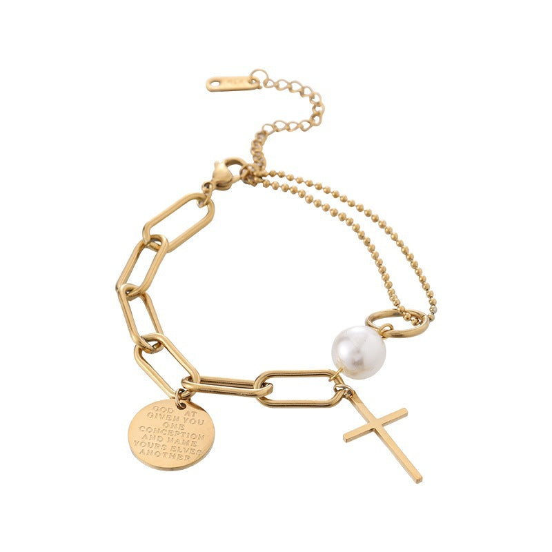 Pulsera minimalista de acero de titanio con cadena irregular, perla, cruz y colgante redondo para mujer