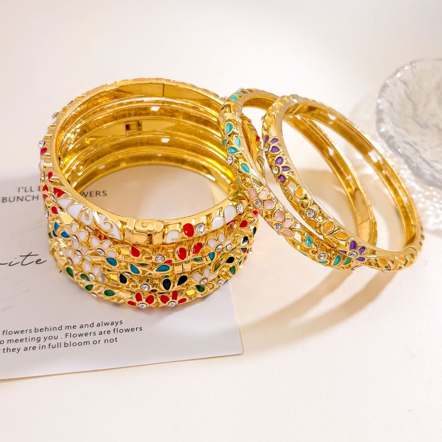 Elegant Floral Enamel Cubic Zirconia Inlaid Alloy Bangle Bracelet