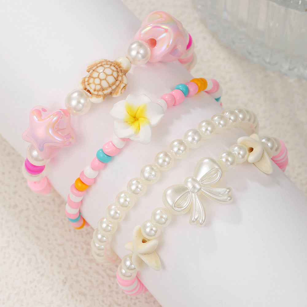 Bohemian Resin Beaded Bracelet with Turquoise Pearl Starfish Turtle and Bow Geometric Design