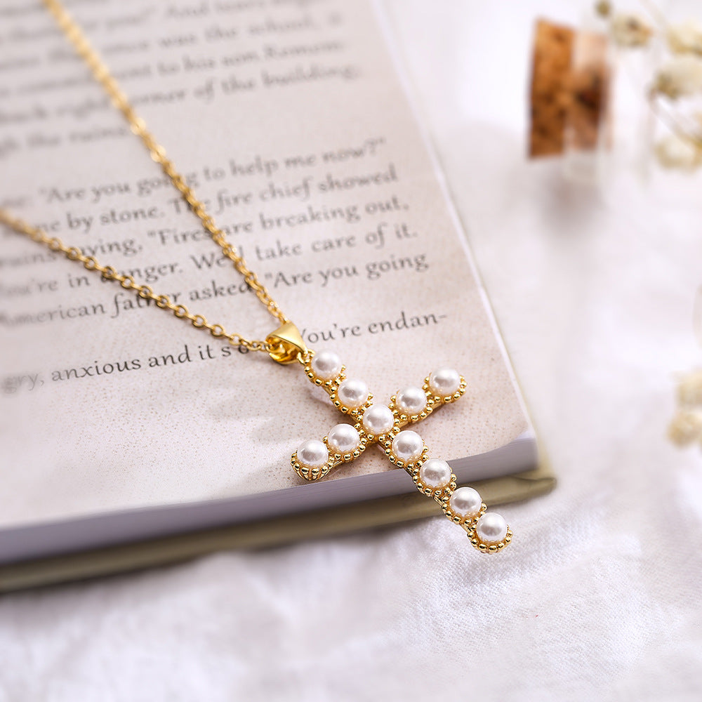 Minimalist Geometric Pendant Necklace for Women with Copper Base Plated in Real Gold and Pearl Inlay