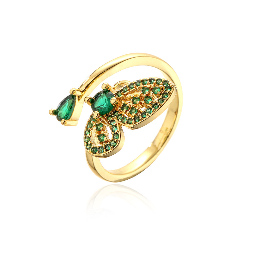 Anello aperto geometrico minimalista a forma di farfalla in rame placcato oro 18 carati e zirconi micro-pavé da donna