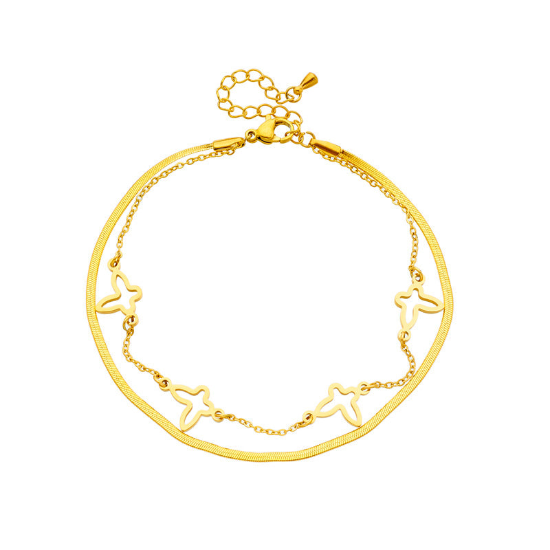 Fashion Minimalist Butterfly-Shaped Hollow Titanium Steel Anklet for Women with Irregular Layered Chain Design