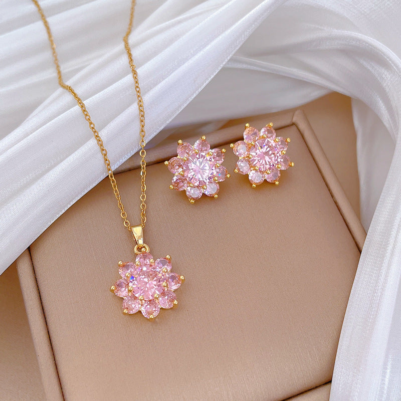Luxury Fresh and Sweet Plated Brass Zircon Micro-Pave Earrings and Necklace Set