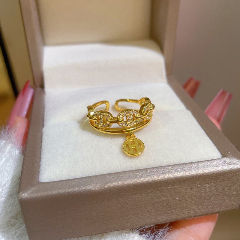 Anello coreano regolabile a fascia aperta con zirconi lucidi a forma di naso di maiale, minimalista, ispirato al design giapponese per donna