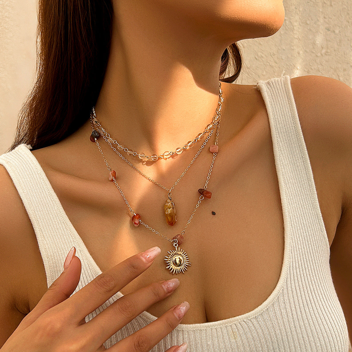 Sweet Geometric Alloy Sunflower Pendant Crystal Tassel Necklace for Women