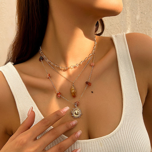 Sweet Geometric Alloy Sunflower Pendant Crystal Tassel Necklace for Women