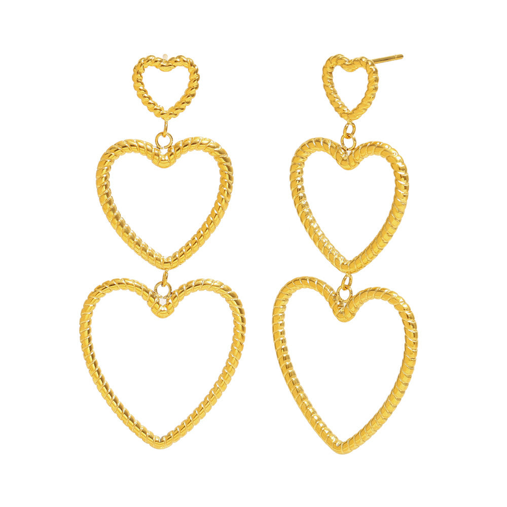 Fashionable Heart-Shaped Stainless Steel Earrings with 18K Gold Plating and Snake-Skin Texture