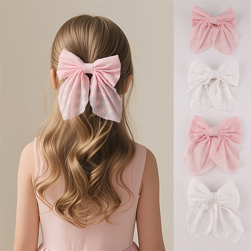 Graziosa molletta per capelli rosa a forma di fiocco per bambine con dettagli a volant e in rete, realizzata in resina plastica con chiusura a molla