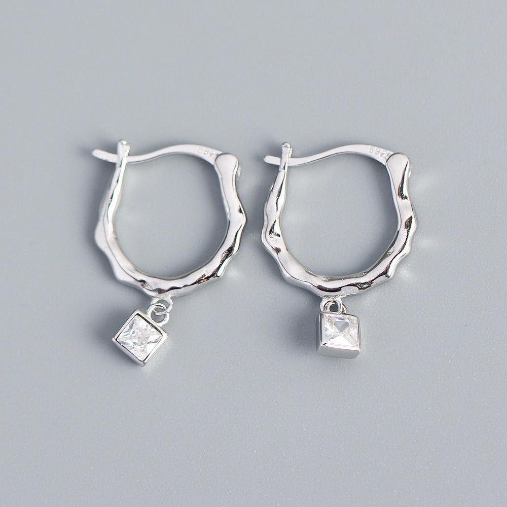 Vintage Minimalist 925 Sterling Silver Geometric Square Inlaid Rhinestone Hoop Earrings for Women