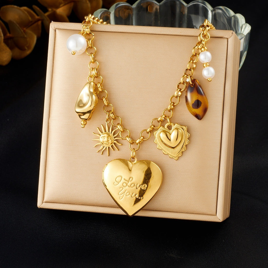 Vintage Gold Plated Stainless Steel Heart Leopard Print Pendant Necklace for Women