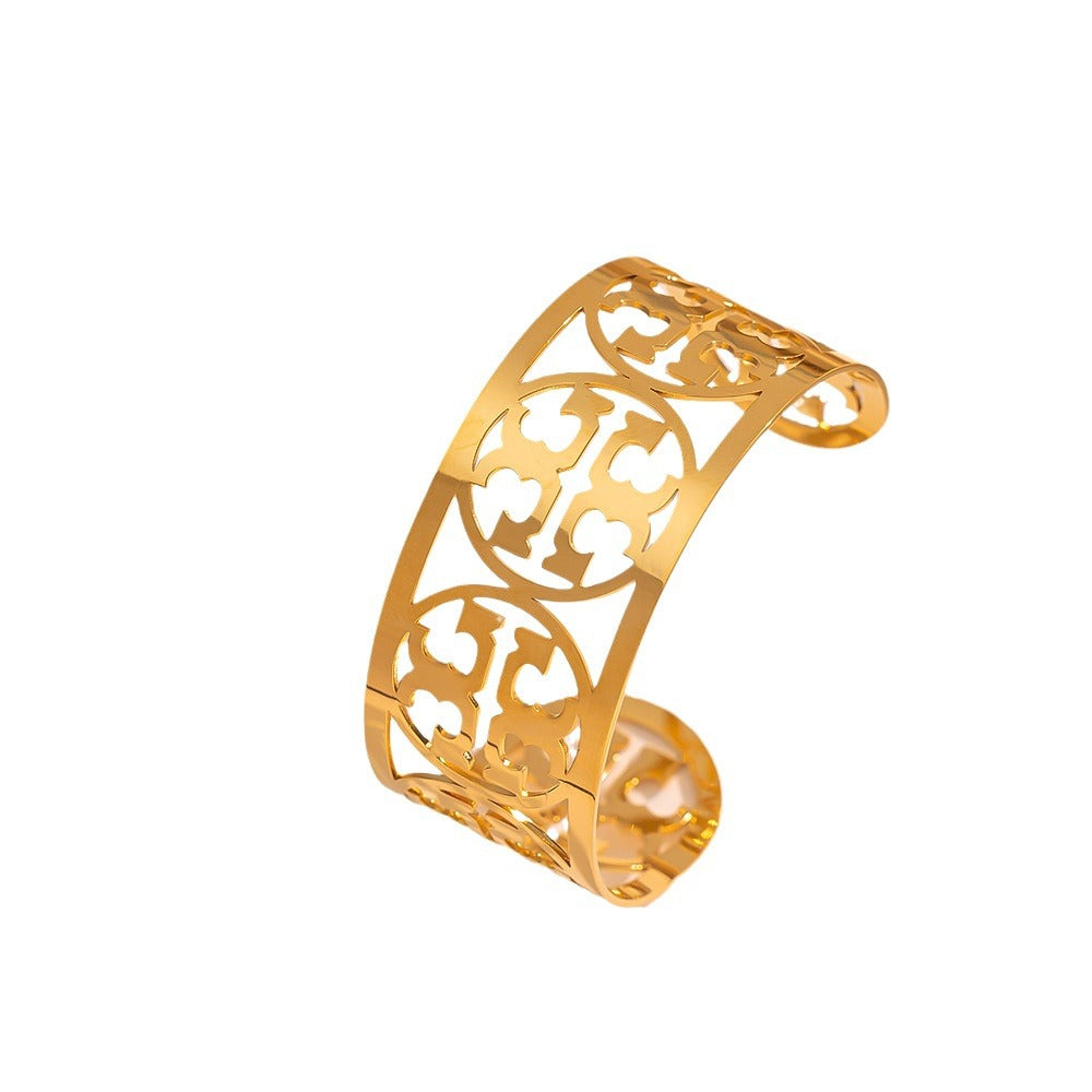 Fashionable Hollow-Out Opening Titanium Steel Bracelet with 18K Gold Plating, Polished Finish, Geometric Design for Women