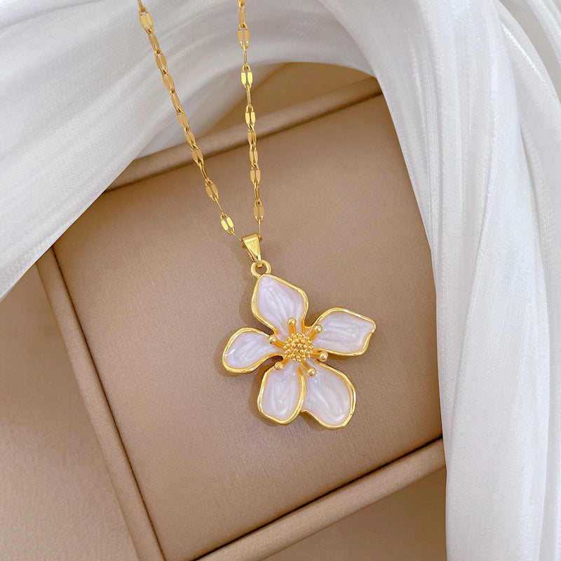 Sweet Drip Oil Floral Rhinestone Pendant Titanium Steel Necklace Cable Chain