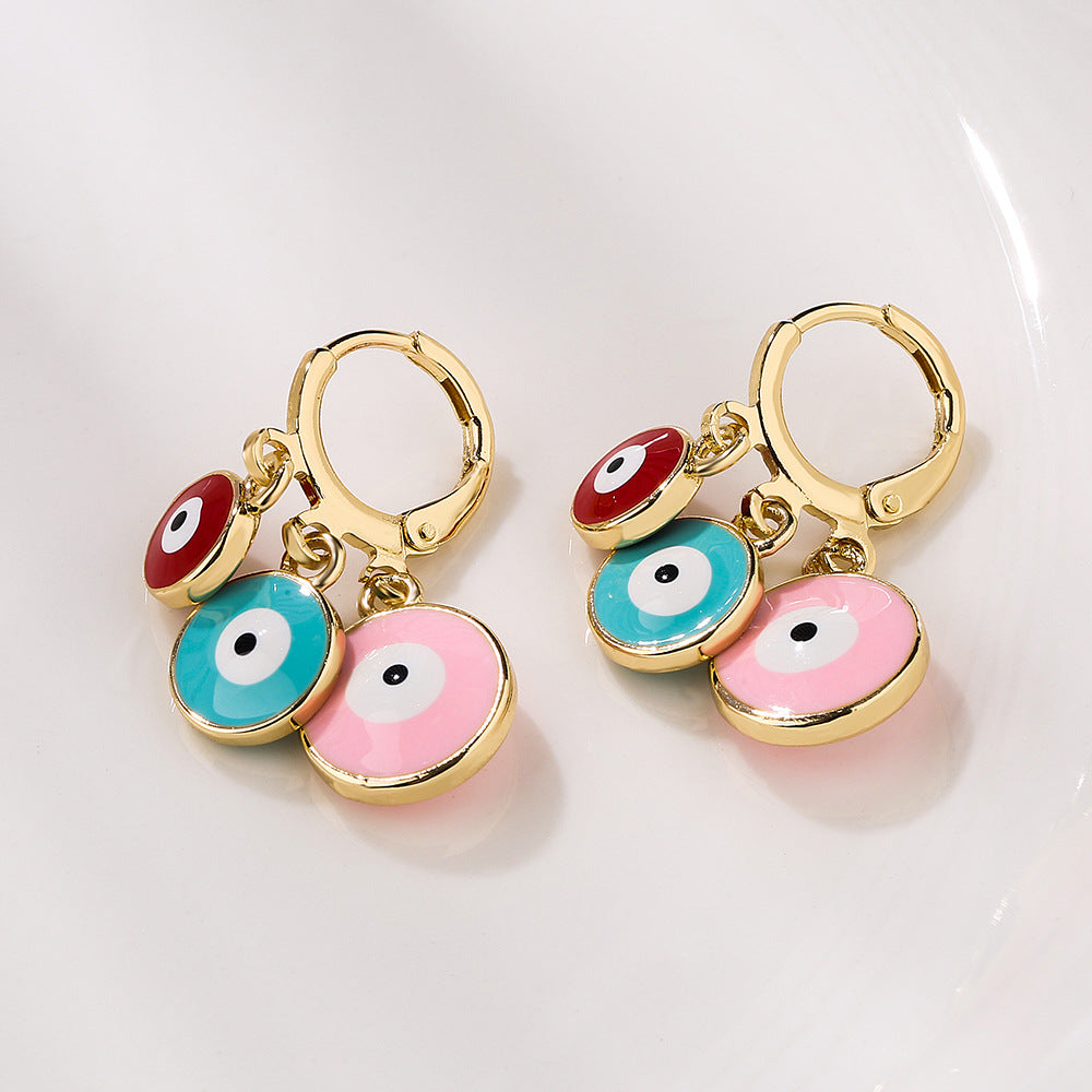 Minimalist Geometric Evil Eye Earrings for Women in Brass with Gold Plating and Enamel Finish