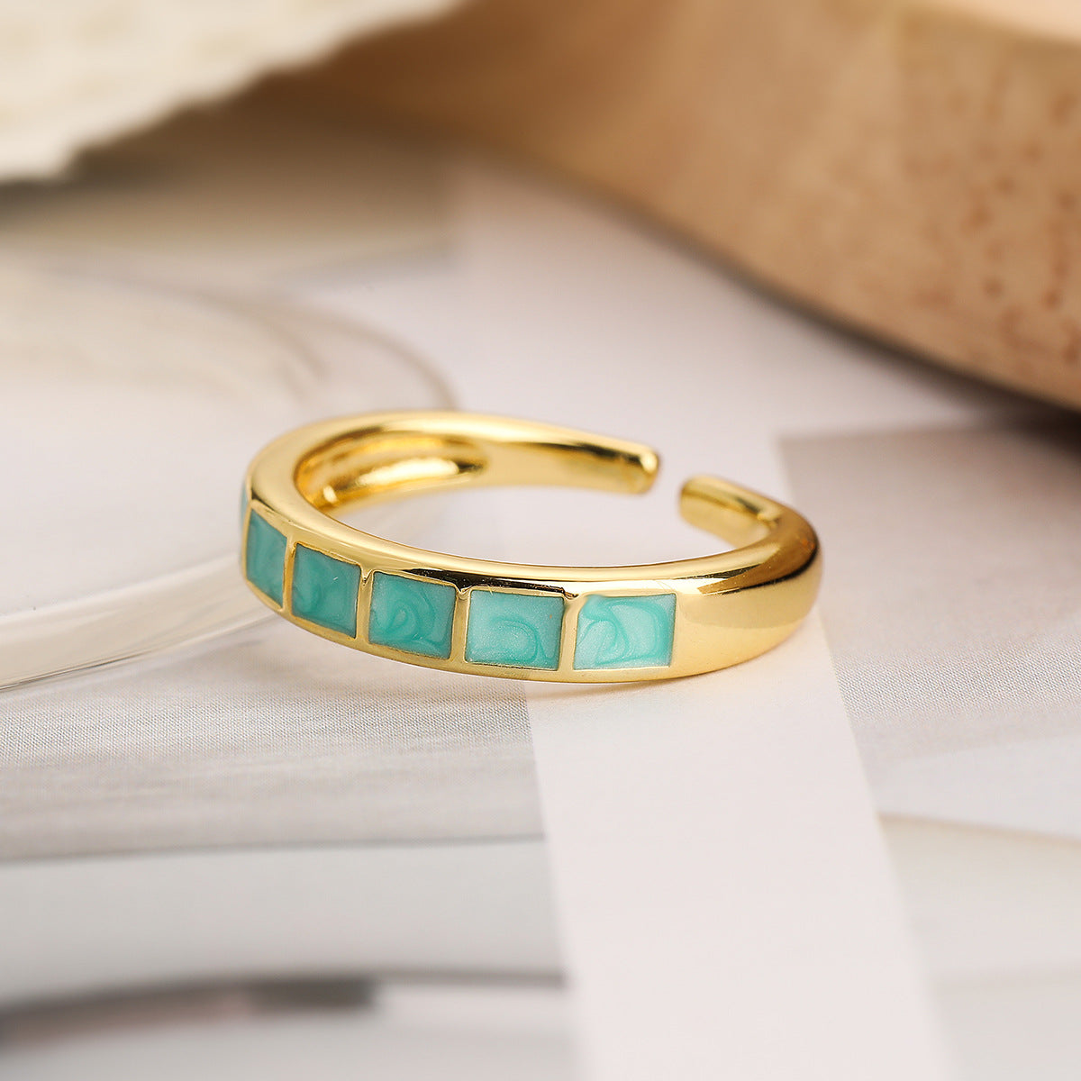 Minimalist Irregular Geometric Open Ring for Women in Copper with Gold Plating and Zircon Inlay
