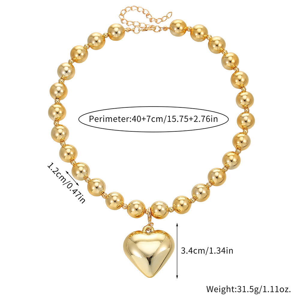 Irregular Geometric Heart Pendant Alloy Beaded Cable Chain Necklace