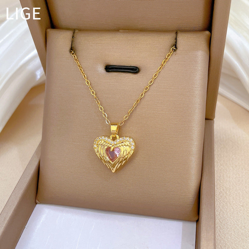 Pink Heart-Shaped Titanium Steel Pendant Necklace with Copper Inlay and Rhinestone Accents, Minimalist Locket Chain for Women and Men