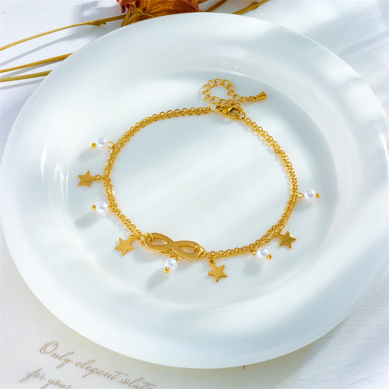 Fashion Retro Beach Style Multi-Layer Ankle Chain with Tassel and Eight-Pointed Star Pendant in Stainless Steel