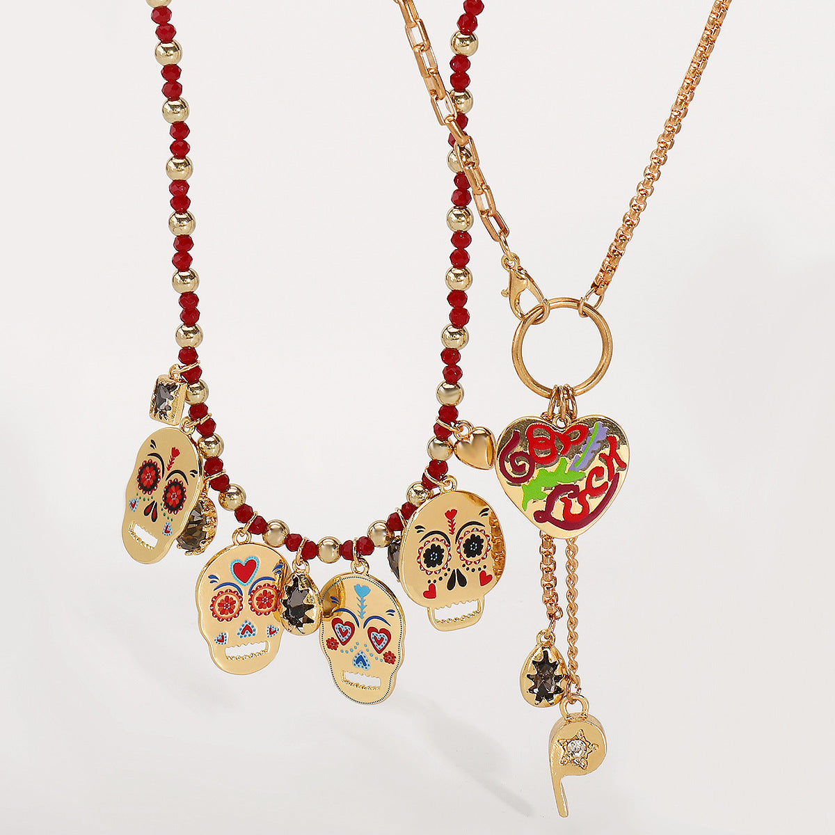 Collar retro de calavera y corazón de Halloween para mujer en acero inoxidable con acabado chapado