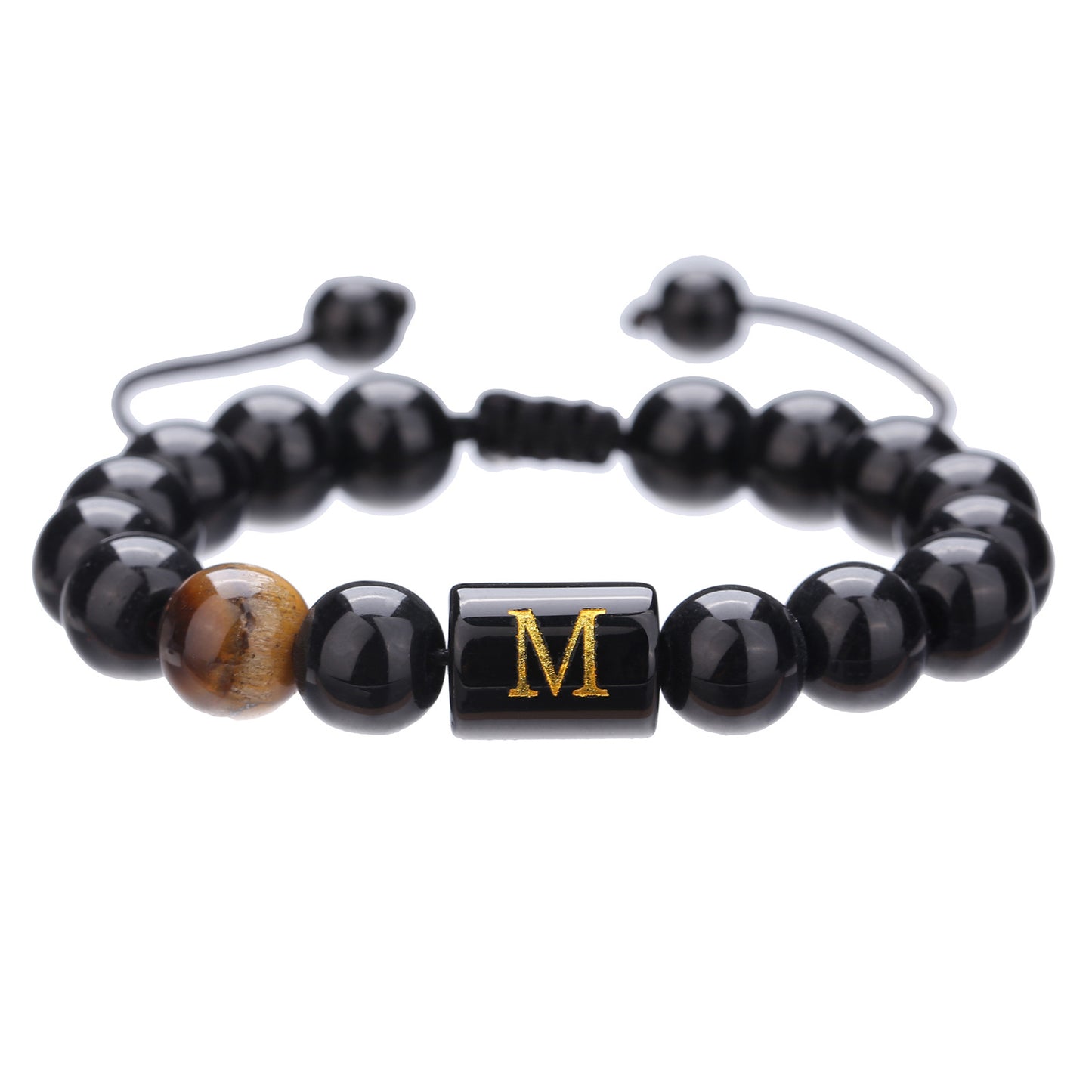 10mm Round Agate Beaded Bracelet with Alphabet Letters Adjustable Unisex