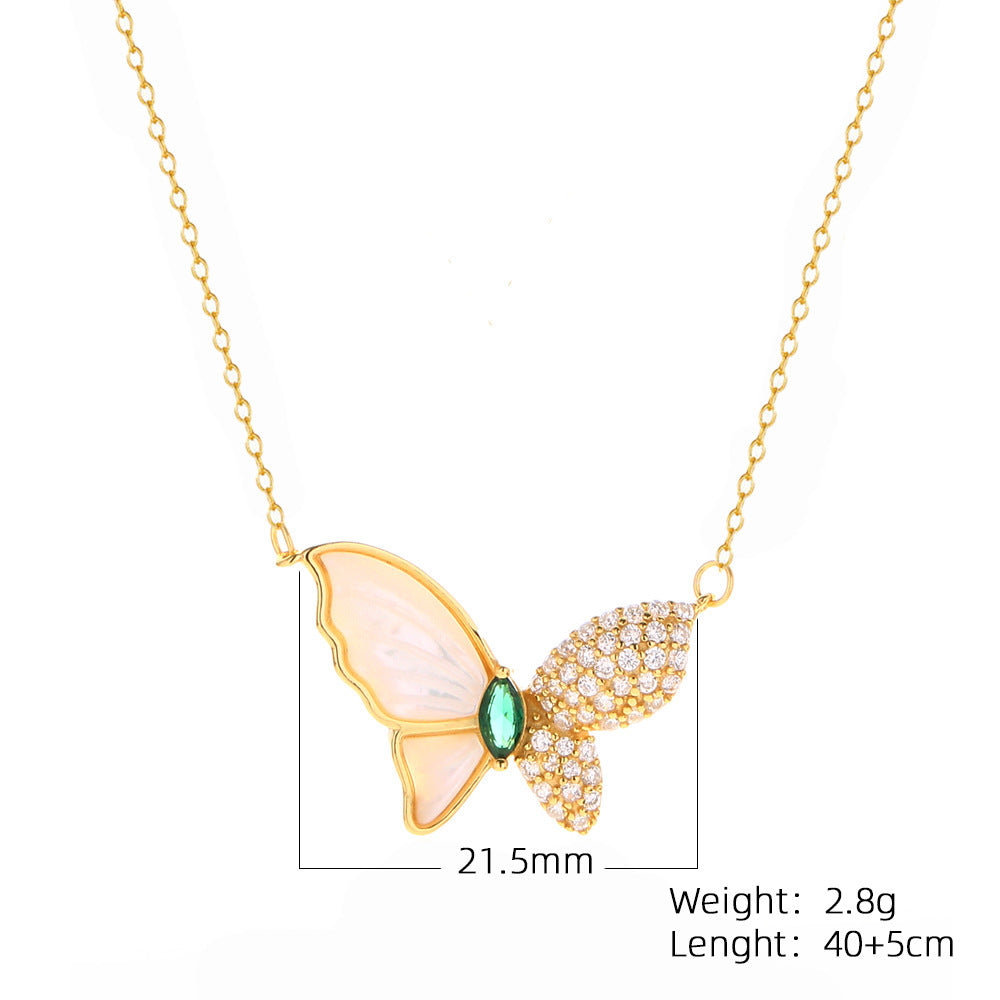 Elegant 925 Sterling Silver Plated Butterfly Mother of Pearl Pendant Necklace Curb Chain for Women