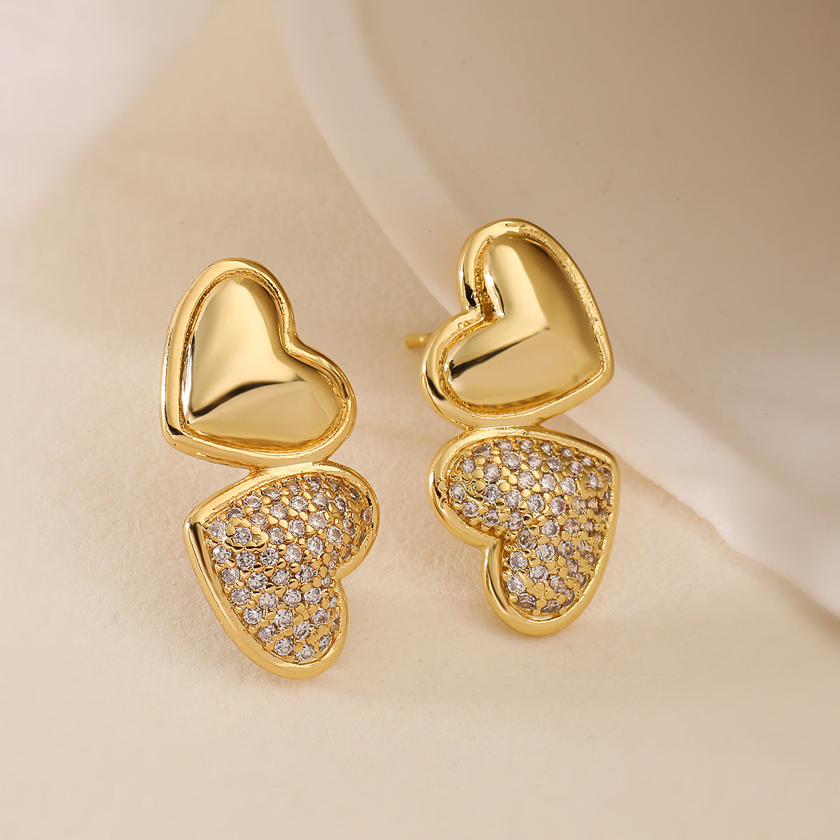 Minimalist Heart-Shaped Copper Earrings with 18K Gold Plating and Zircon Accents for Women
