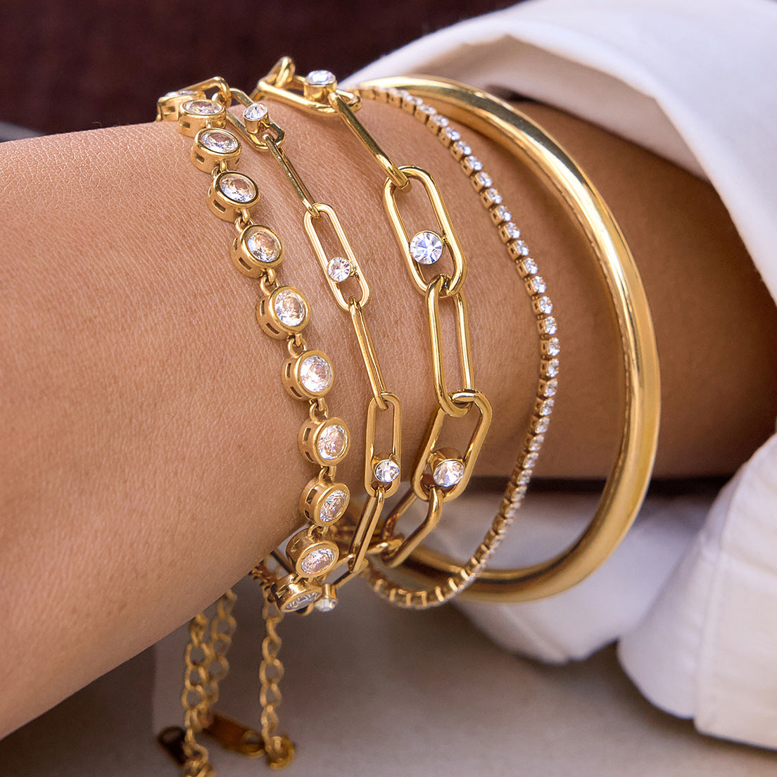 Elegant Geometric Stainless Steel Bracelet with Cubic Zirconia Gold Plated for Women