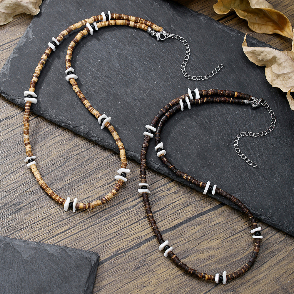 Hip-hop Bohemian Geometric Wood Shell Bead Stainless Steel Ball Chain Necklace for Unisex