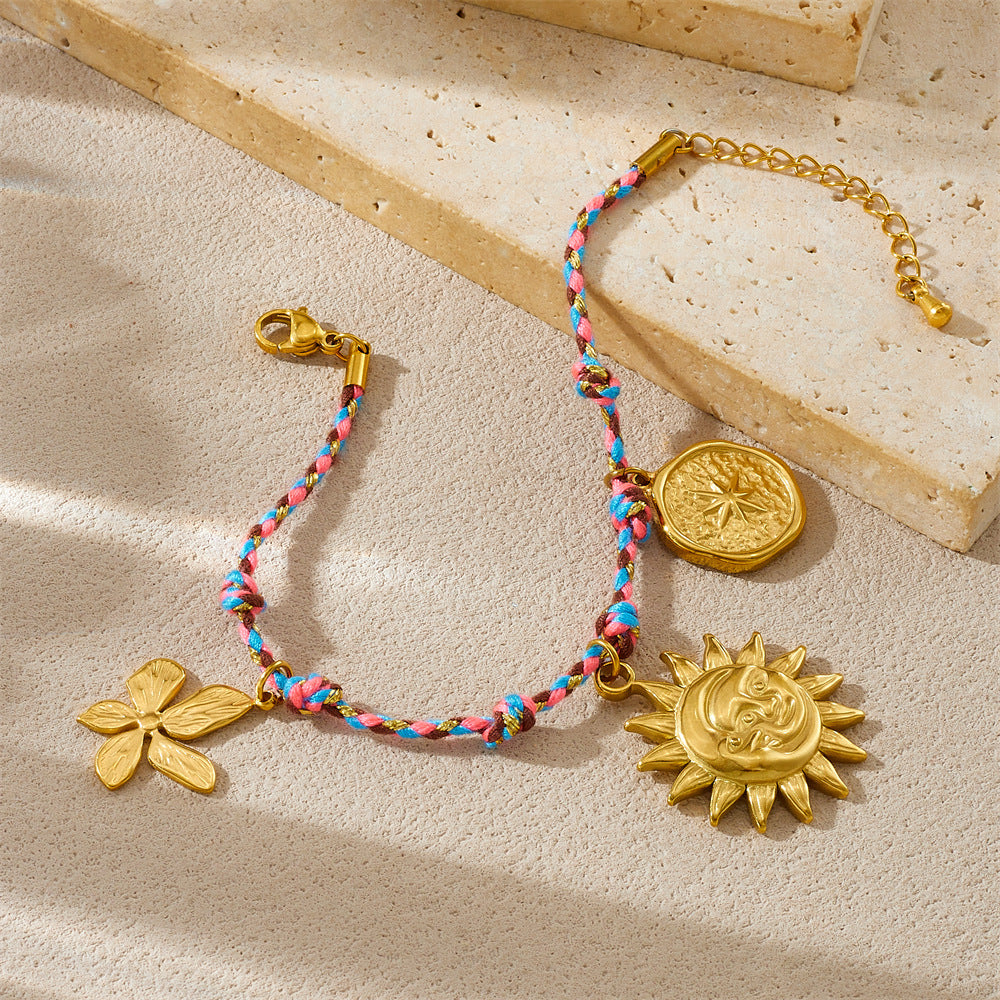 Minimalist Gold Plated Stainless Steel Floral Sun Round Pendant Bracelet