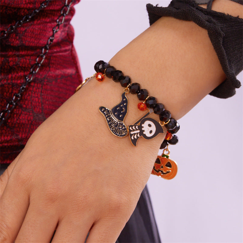 Braccialetto di perline a tema Halloween con ciondoli a forma di zucca e fantasma, in lega, design geometrico, accessorio moda casual per uomo e donna
