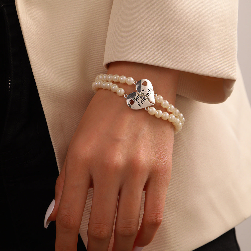 Minimalist Two-Piece Friendship Bracelet Set with Geometric Heart-Shaped Alloy and Pearl Charms