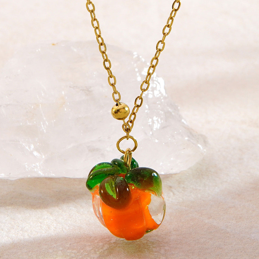 Sweet Stainless Steel Plated Fruit Pumpkin Pendant Necklace and Earring Set with Cable Chain