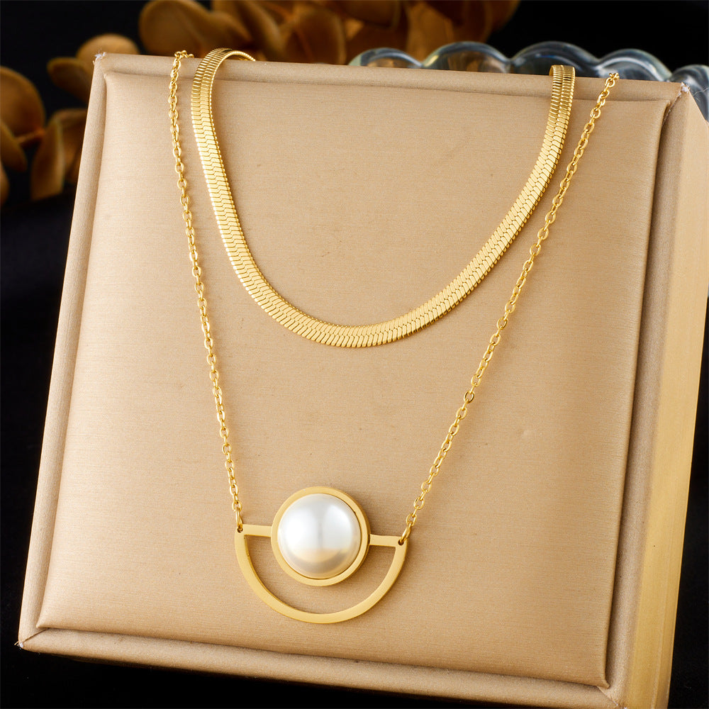 Elegant Gold Plated Stainless Steel Fan Shape Pearl Inlay Blade Chain Necklace